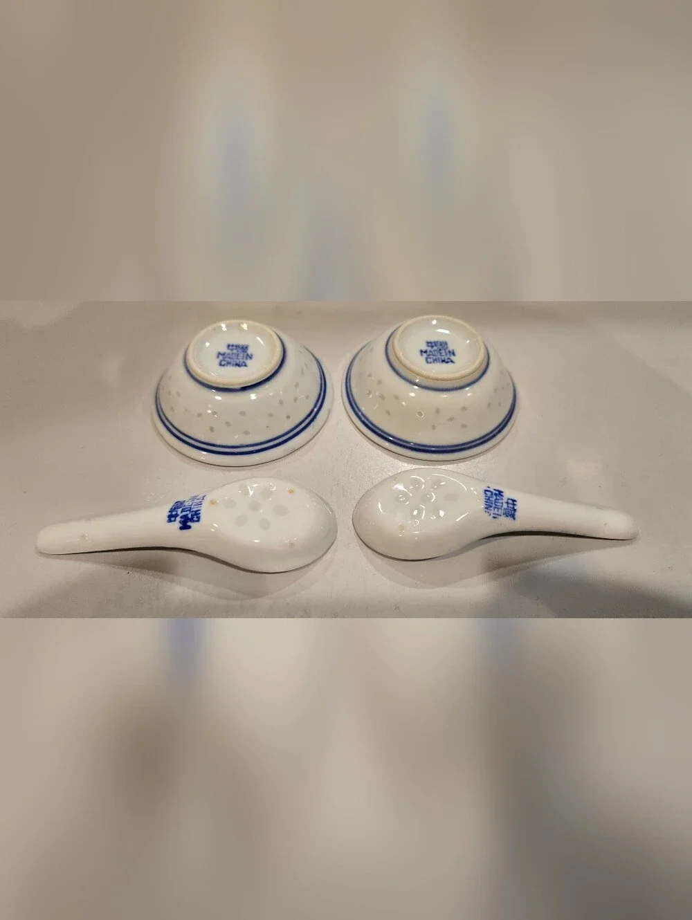 Blue and White Porcelain Soup Bowls with Matching Spoons - Set of 2
